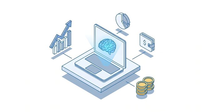 Brain on laptop shows finance growth with charts and coins nearby