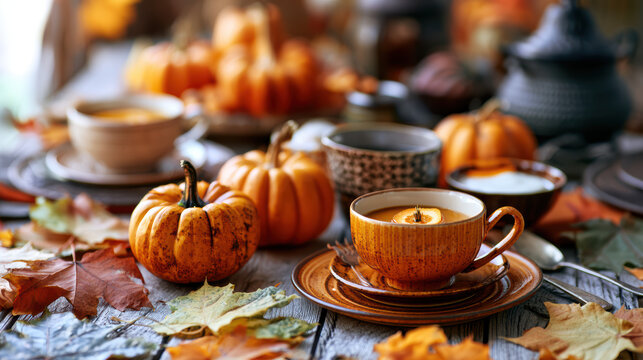 cozy autumn table setting background for food photography