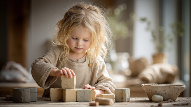 Young child with blonde curly hair focused on building with eco-friendly blocks
