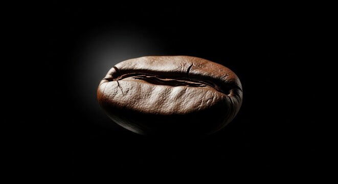 Close-up macro shot of a single roasted coffee bean with a dark background.