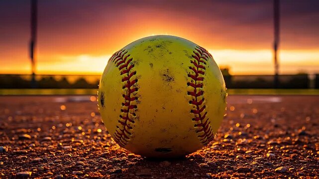 Softball on dirt field during vibrant sunset with glowing sky and sports atmosphere