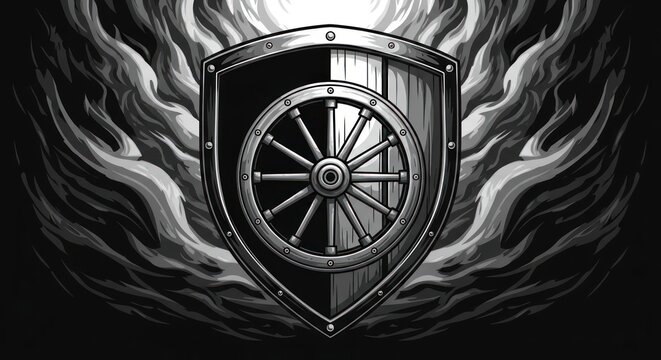 Fierce armored shield with dynamic flame-like background