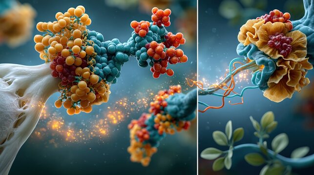 Medical illustration of pyridostigmine action in myasthenia gravis, acetylcholinesterase inhibition causing acetylcholine buildup in the synaptic cleft with glowing molecules