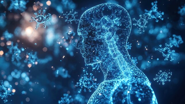Medical illustration of neuromuscular junction disruption in myasthenia gravis, acetylcholine receptors blocked by glowing antibodies over a blurred human silhouette