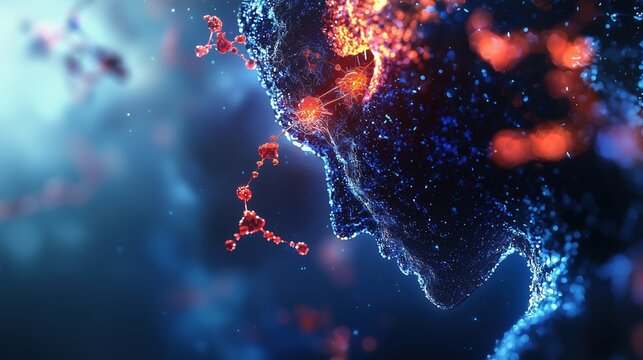Medical illustration of neuromuscular junction disruption in myasthenia gravis, acetylcholine receptors blocked by glowing antibodies over a blurred human silhouette