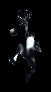 Silver metallic male basketball player slam dunk silhouette. Alpha channel. Seamless loop video.