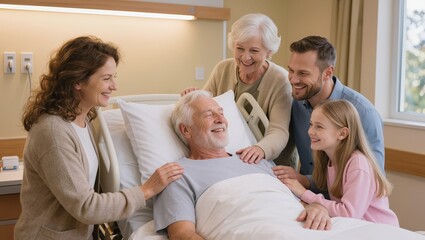 Obraz premium Happy Elderly Person in Hospital Surrounded by Family