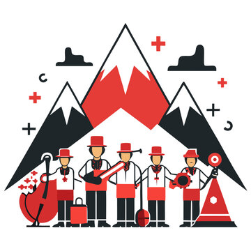 Swiss mountain musicians in traditional attire with red and white mountain backdrop