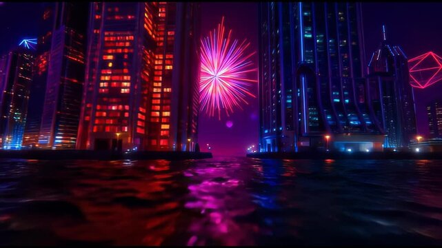 Futuristic synthwave city skyline at night with neon lights and fireworks exploding over the dark ocean water surface