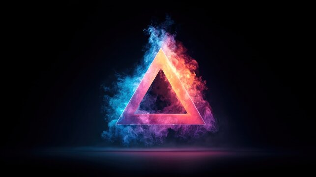Abstract triangle with colorful smoke and glowing edges on a dark background