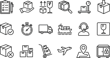Fototapeta premium Logistics and shipping line icon set featuring delivery, transportation, cargo tracking, and supply chain management symbols