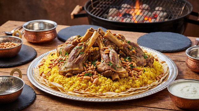 Traditional Middle Eastern lamb mansaf served on yellow rice with almonds and spices on wooden table outdoors