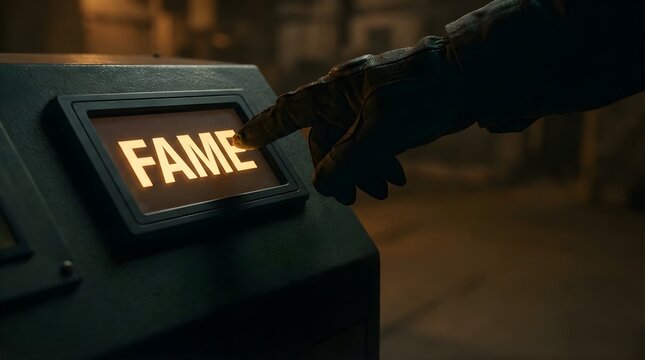 Gloved hand pressing glowing fame button on industrial control panel in dark room for celebrity concept success