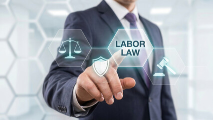 Obraz premium Employment labor law attorney business suit touchscreen interface justice. Legal justice right protection. employee union contract regulation, lawyer judge gavel judgement