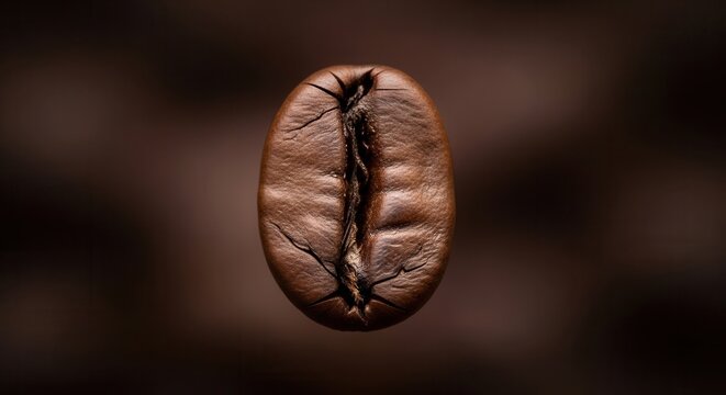 Close-up macro shot of a single roasted coffee bean with a dark blurred background.