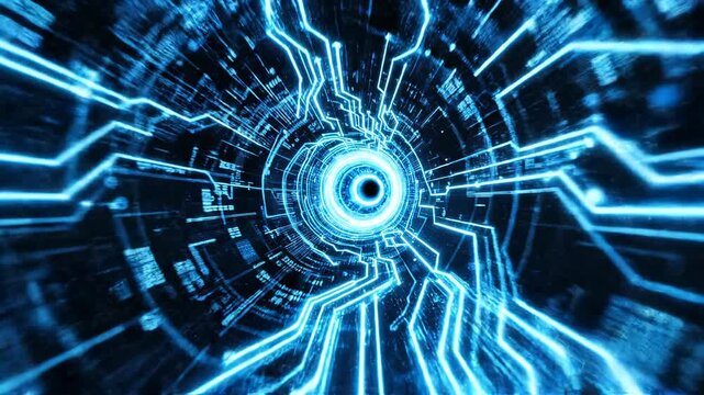 Abstract Blue Digital Circuit Board Tunnel Motion Background.