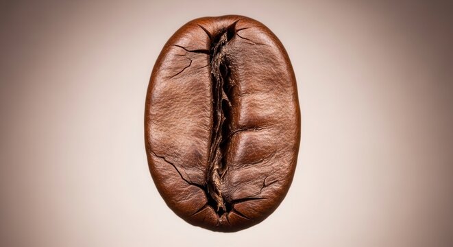 Close-up macro shot of a single roasted coffee bean with a detailed texture and central crack.