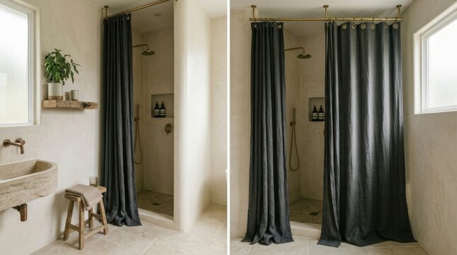 Modern bathroom with a dark grey linen shower curtain and stone sink