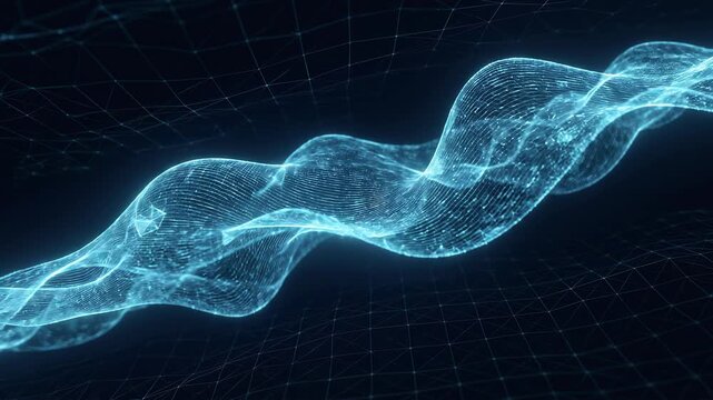 Abstract blue glowing wave flowing through dark space with particles.