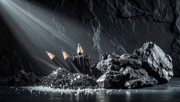 A striking display of raw coal chunks and graphite pencils emerges from a dark, textured background with dramatic lighting