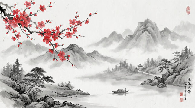 Mountain landscape with blossoming branch traditional ink wash painting style