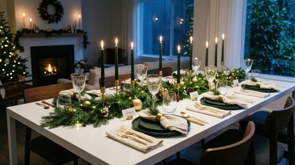 Obraz premium Elegant Christmas dinner table setting with festive greenery and candles