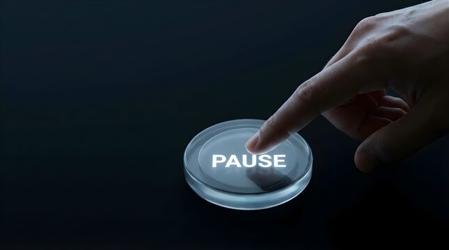 A human finger presses a glowing glass pause button on a dark minimalist surface for digital control concept