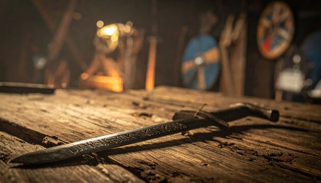 Intricately etched runes on a dull steel blade of an ancient Viking sword resting on a rustic wooden surface in a dimly lit historical setting