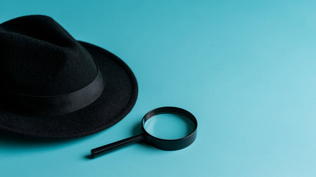Detective's Tools: A black fedora hat and a magnifying glass lie on a vibrant teal background, evoking a sense of mystery and investigation.