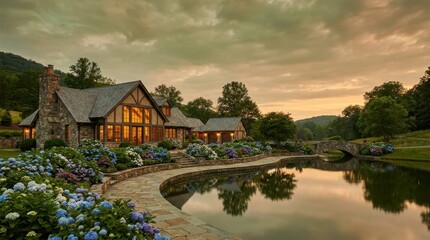 Obraz premium Luxury stone cottage with blooming hydrangeas and tranquil pond at sunset