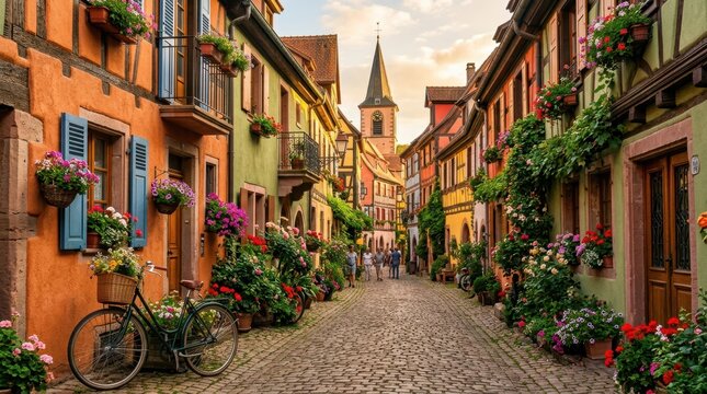 Charming European village street lined with colorful half-timbered houses and flowers