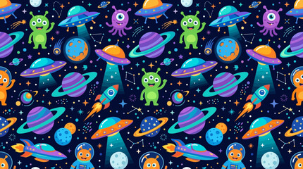 Futuristic alien seamless pattern, UFOs, planets and cute aliens, colorful flat vector sci-fi design © Maftuh