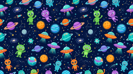 Futuristic alien seamless pattern, UFOs, planets and cute aliens, colorful flat vector sci-fi design © Maftuh