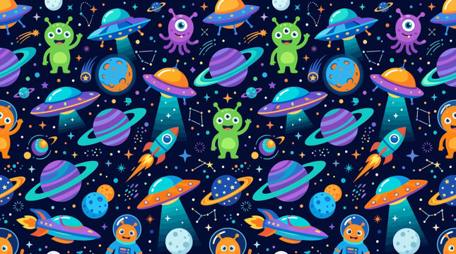 Futuristic alien seamless pattern, UFOs, planets and cute aliens, colorful flat vector sci-fi design