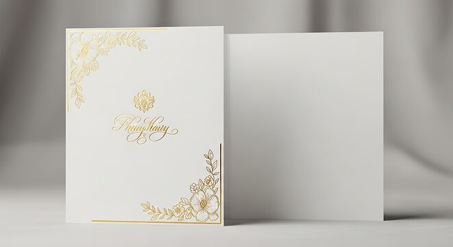 Elegant white wedding invitation card with gold floral accents