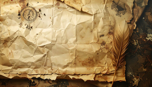 Aged crumpled parchment paper texture with a golden feather quill, historical document background, vintage writing concept