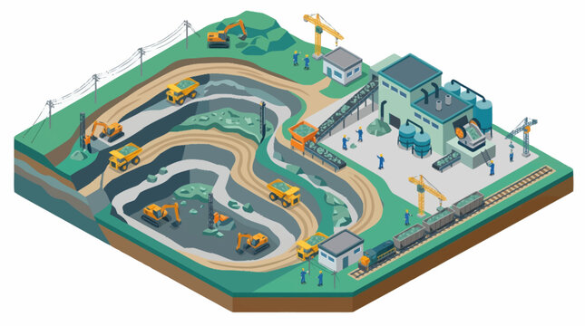 Open pit mine with heavy machinery and processing plant isometric view.