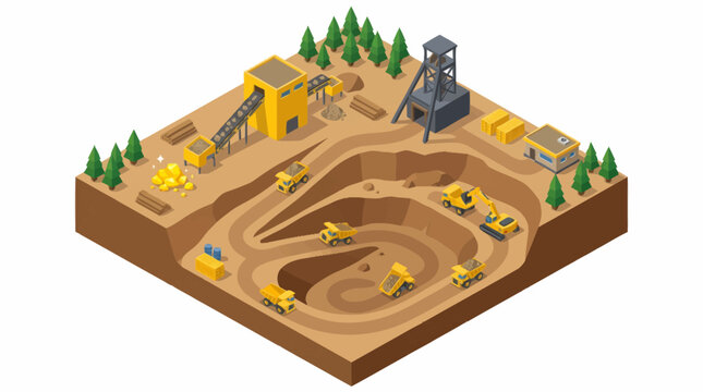 Open pit gold mine with excavators and buildings.