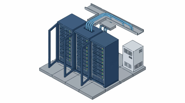 Server Racks in a Data Center with Cooling System.