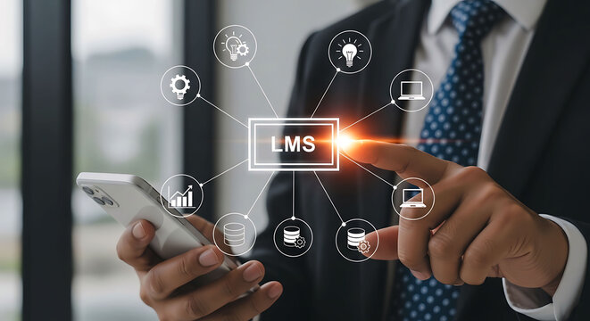 Businessman managing LMS corporate training and online learning platform via smartphone