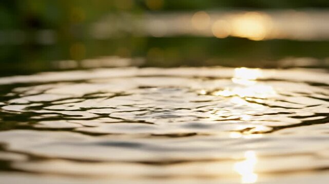 Small smooth dark stone suspended in mid-air just before impacting still water surface during golden hour, featuring warm sunset light, bokeh reflections, and stone mirror image.