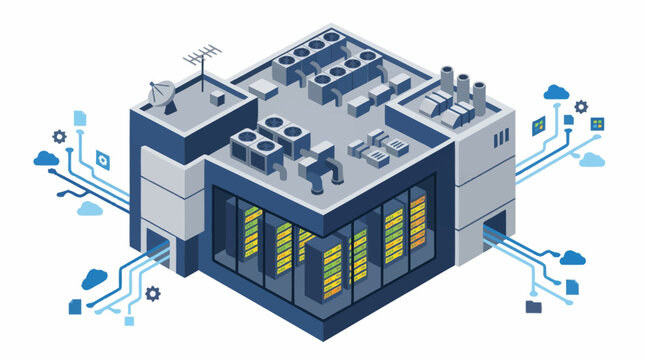Modern Data Center Building with Network Connections.