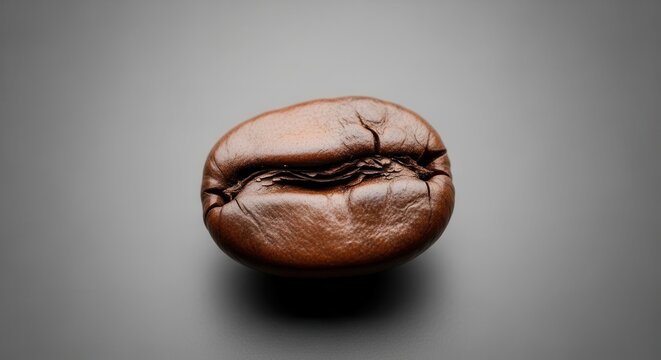 Close-up macro shot of a single roasted coffee bean with detailed texture and cracks on a neutral gray background.