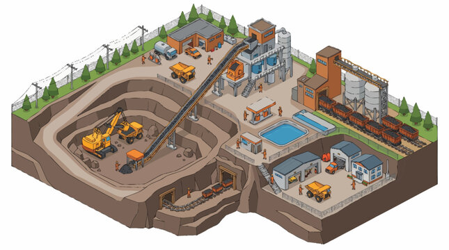 Isometric illustration of an open pit mine and industrial processing plant.