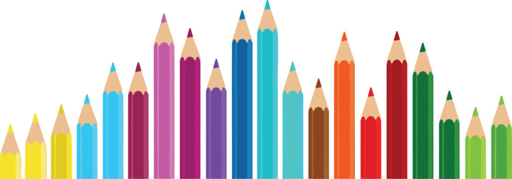 Colorful pencil vector illustration border with rainbow colored stationery crayons arranged in creative horizontal pattern isolated