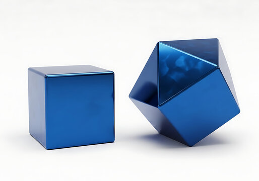 Blue metallic cube and rhombic dodecahedron