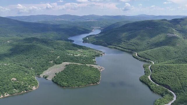 aerial view of badovac lake kosovo landscape zoom out.