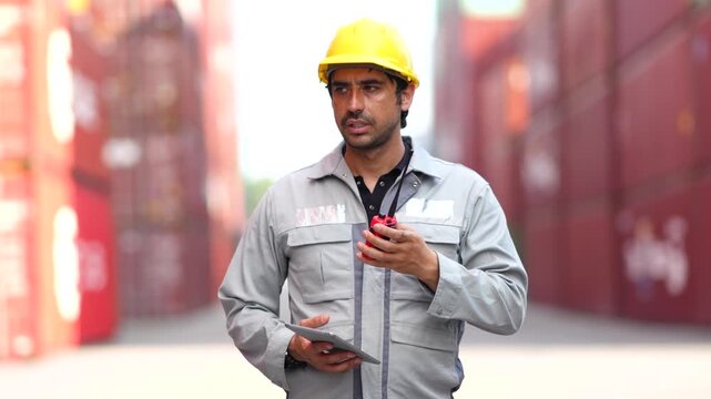 Latino container yard worker stands in middle of shipping terminal and communicates with coworkers using walkie talkie during cargo inspection and logistics operations.