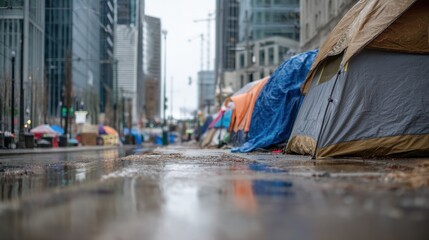 Fototapeta premium Homeless encampment with tents on a city street