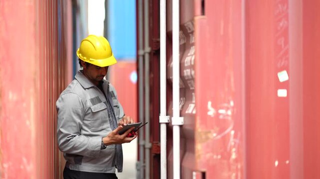 Latino container yard worker uses tablet to check shipping container number and cargo details, then walks away to continue inspection and logistics operations.